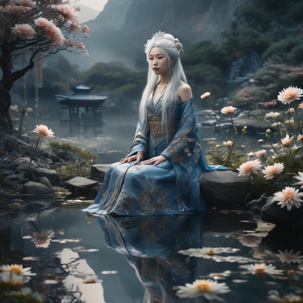 Ornate Japanese Princess by Chrysanthemum Pond