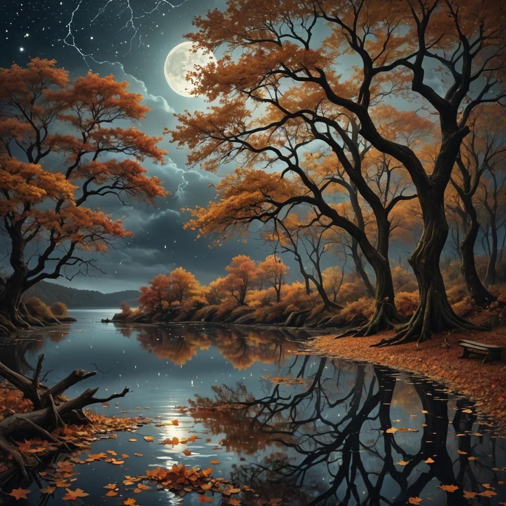Surreal Autumn Landscape with Star Reflections