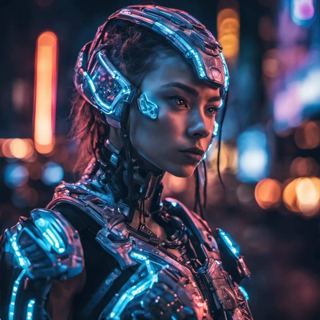 Cyborg Girl in Neon City: Hyperrealistic Portrait