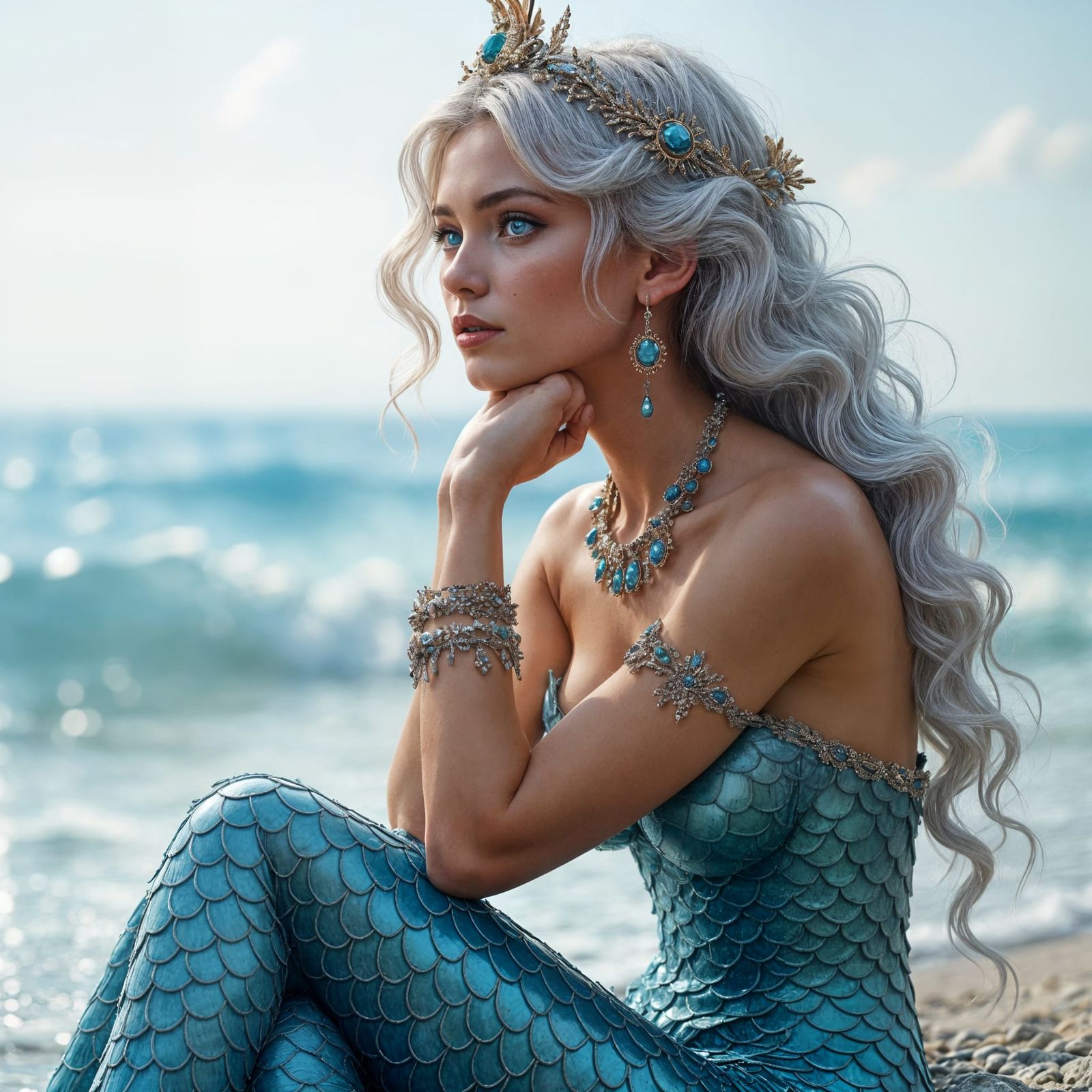 Stunning Mermaid with Silver Hair and Blue Eyes