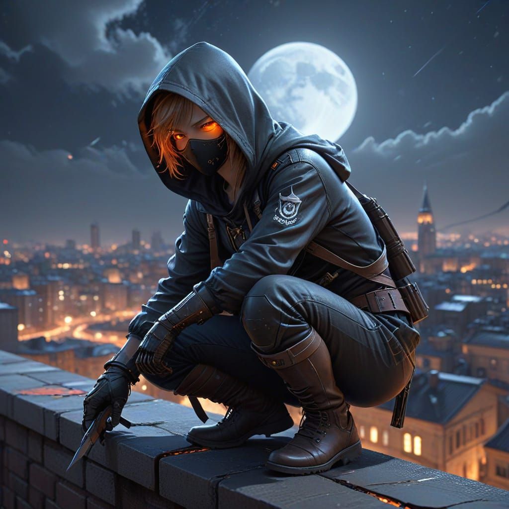 Anime Assassin on Rooftop in 3D