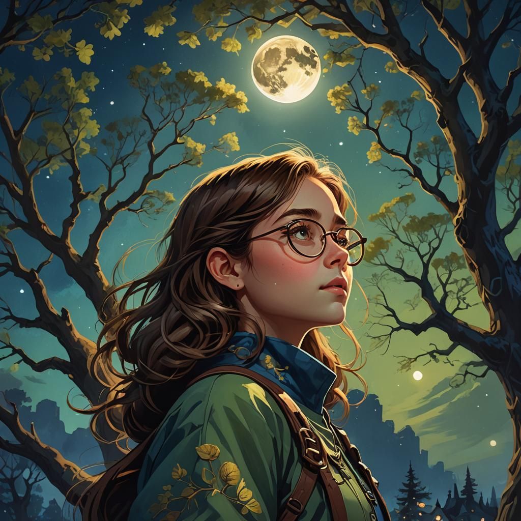 Young Girl Gazing at Moon in Fantasy Landscape