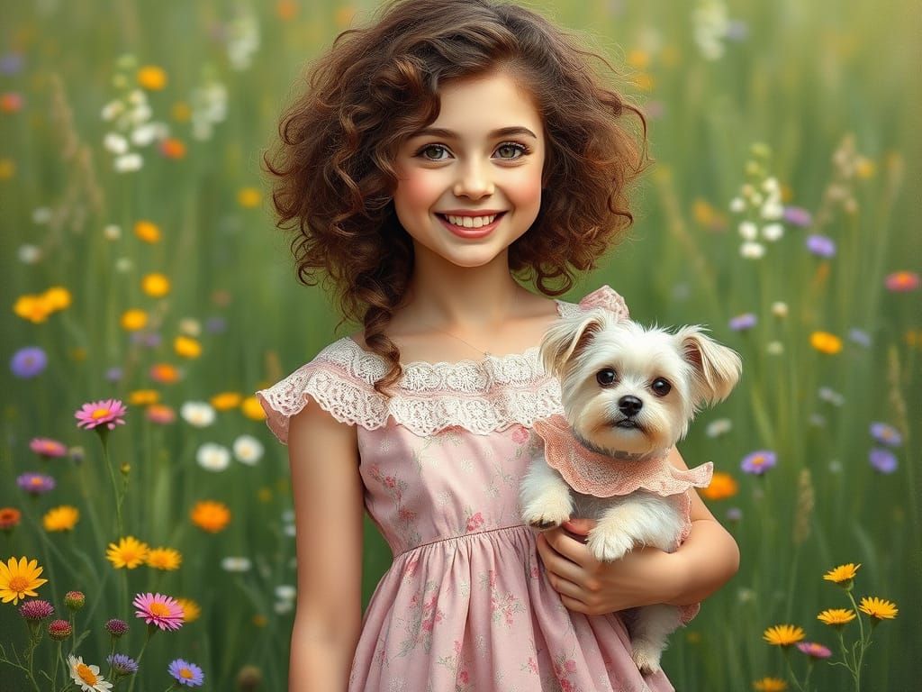 Young Woman and Dog in Whimsical Floral Dresses