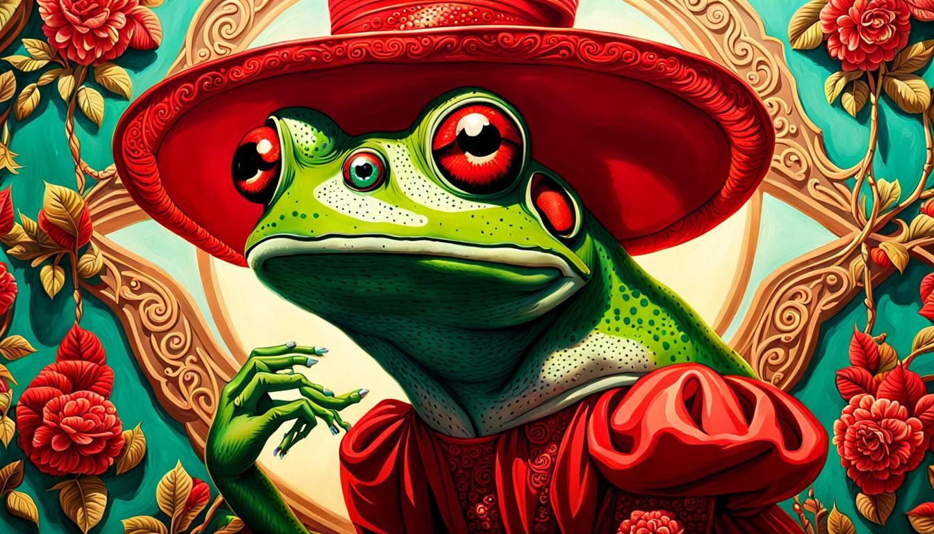 Creepy Anthropomorphic Frog in Red Dress, Wes Anderson Style