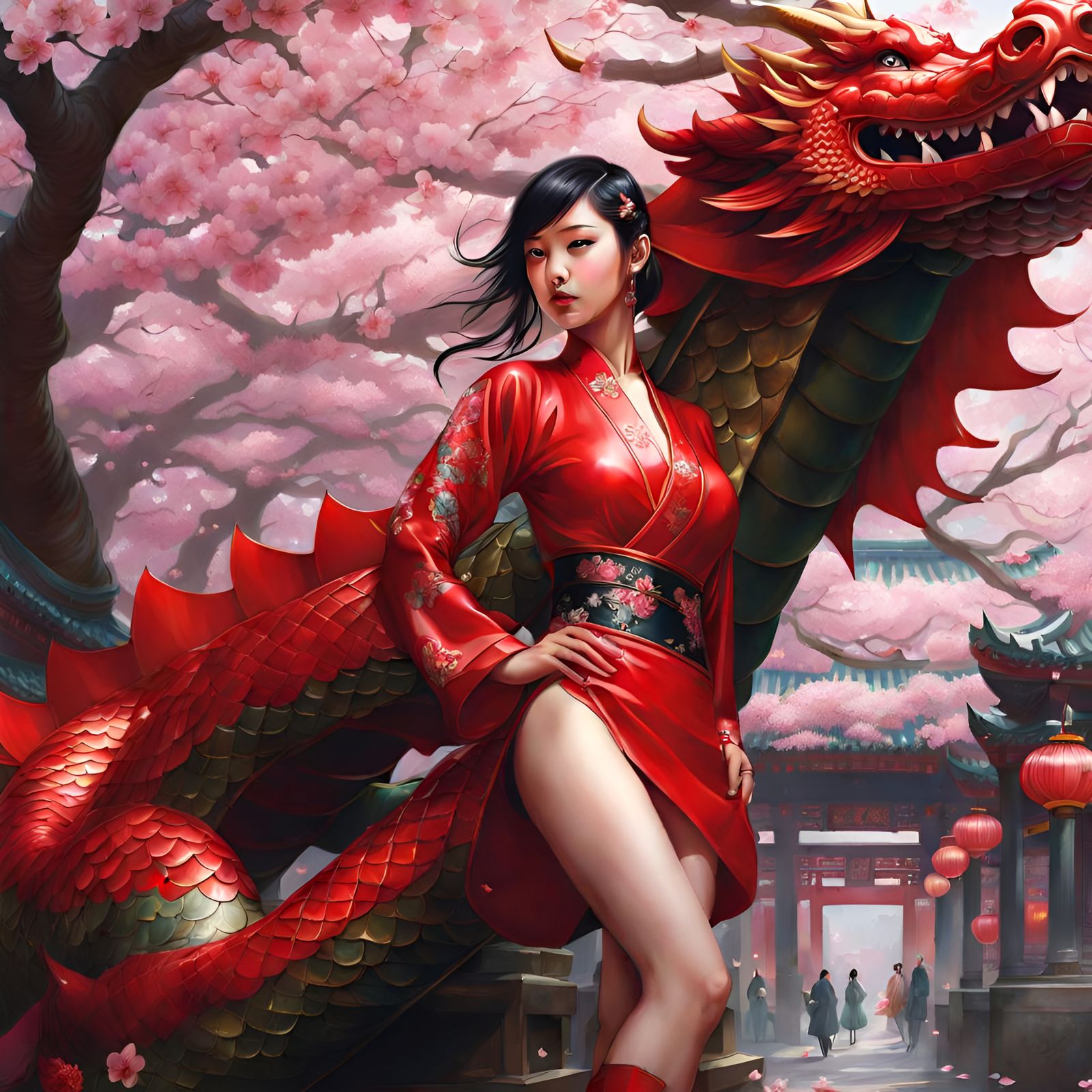 Dragon Tattoo Girl in Cherry Blossom Shower