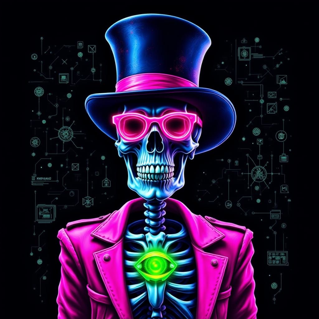 Cyberpunk Skeleton in Top Hat with Glowing Eye