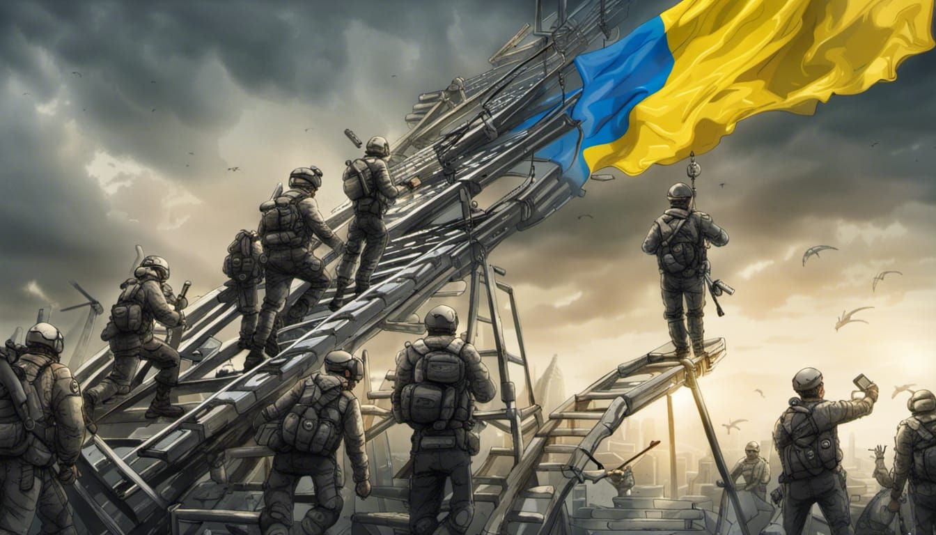 Ukraine Climbs to NATO: A Cyberpunk Political Cartoon