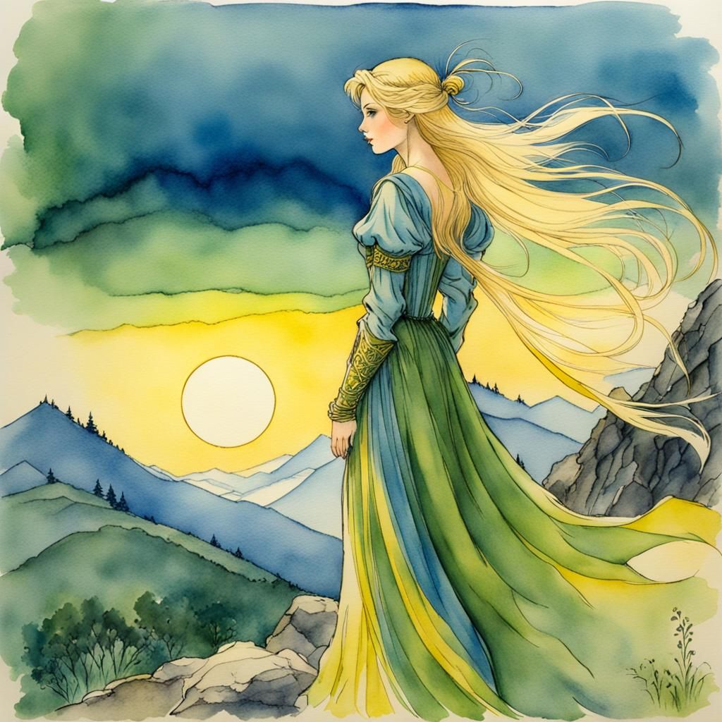 Medieval Maiden at Dawn: Arthur Rackham Style