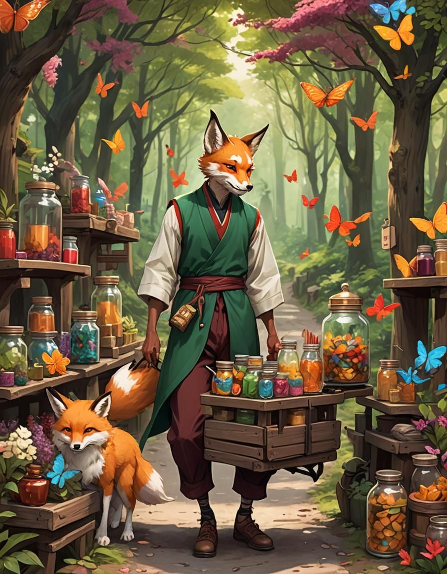 Kitsune Merchant Selling Butterflies on Forest Road