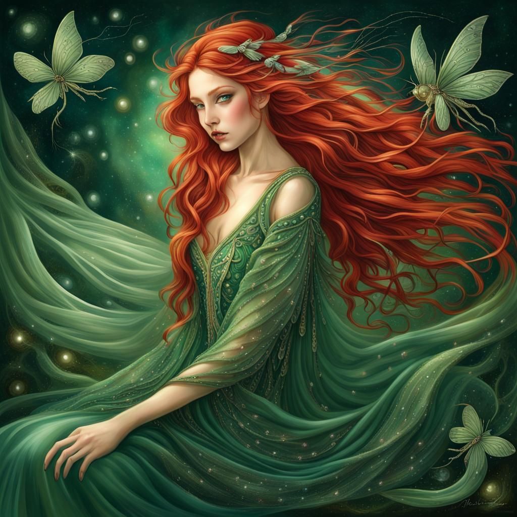 Enchanting Fairy with Red Hair and Glass Wings