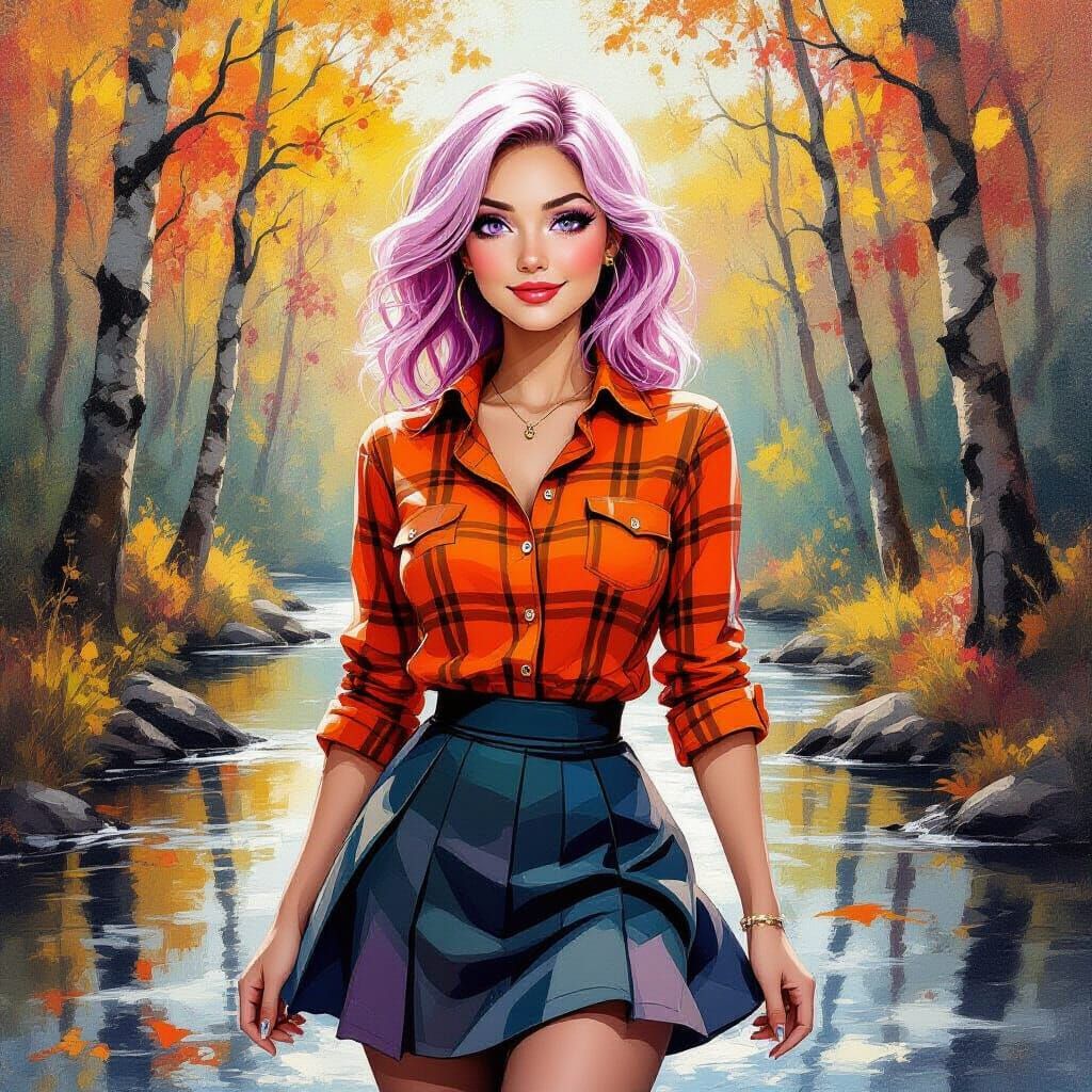 Woman in Fall Forest Watercolor Painting