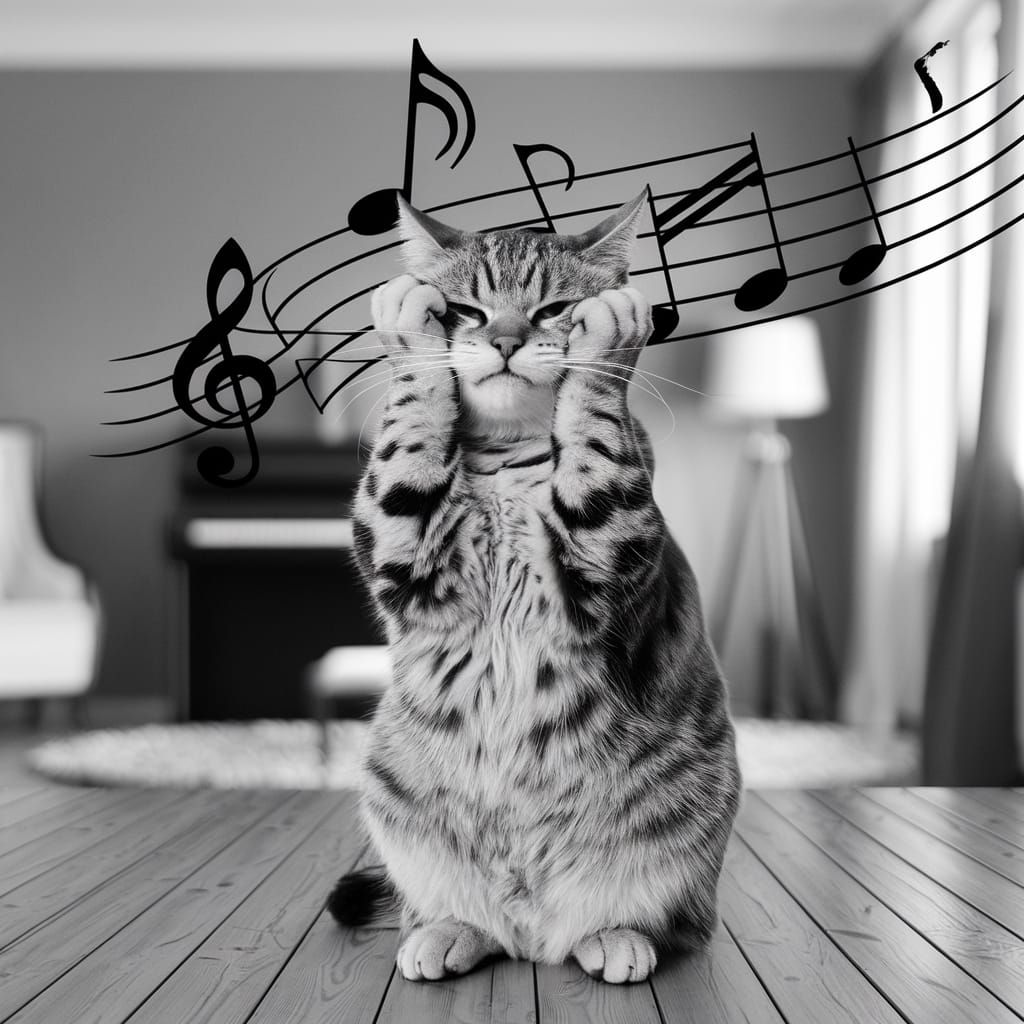 Cat Blocking Ears from Music: Black and White Photo