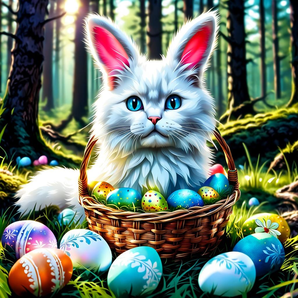 Fluffy White Cat in Easter Basket