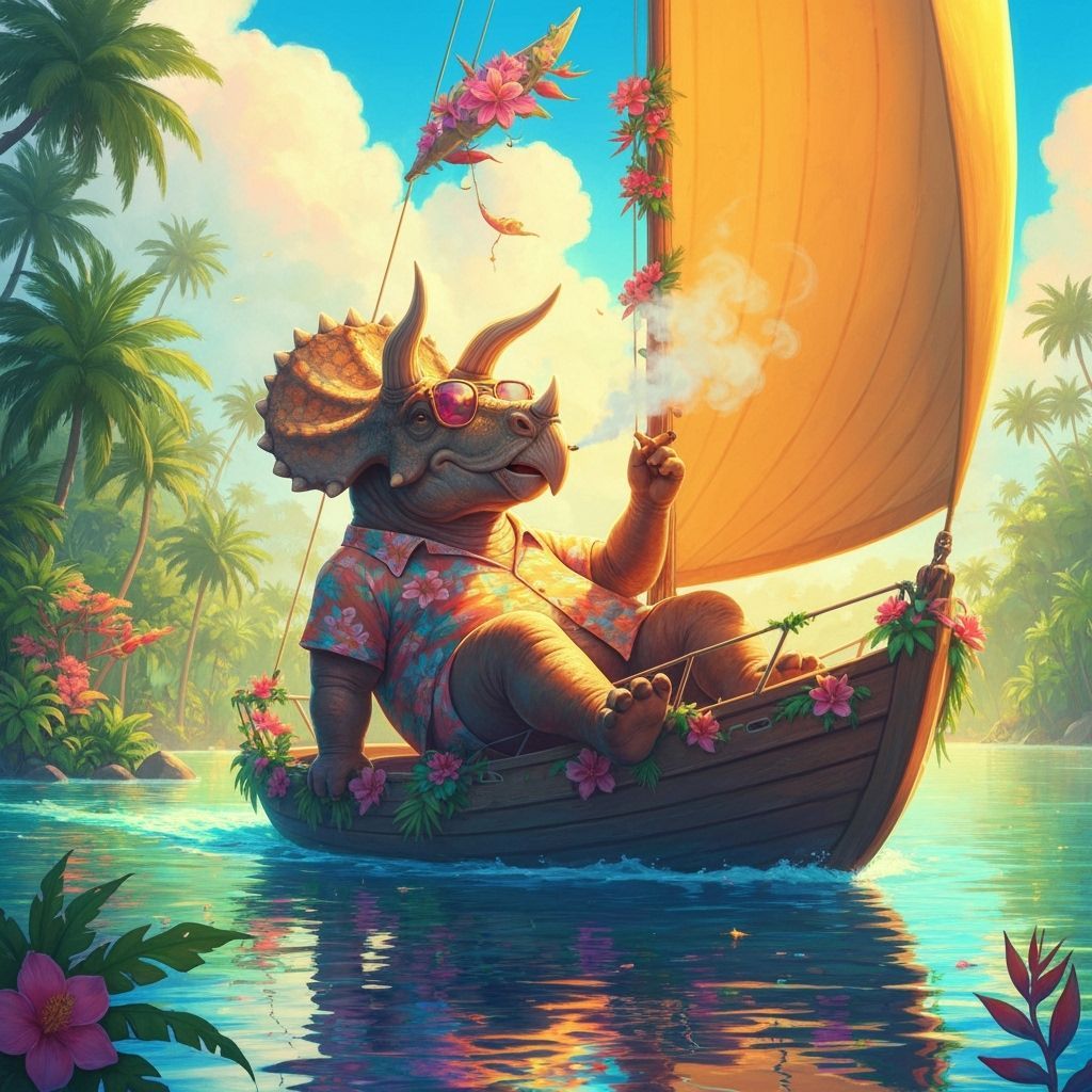 Triceratops Sailing in Tropical Lagoon, Exhaling Smoke