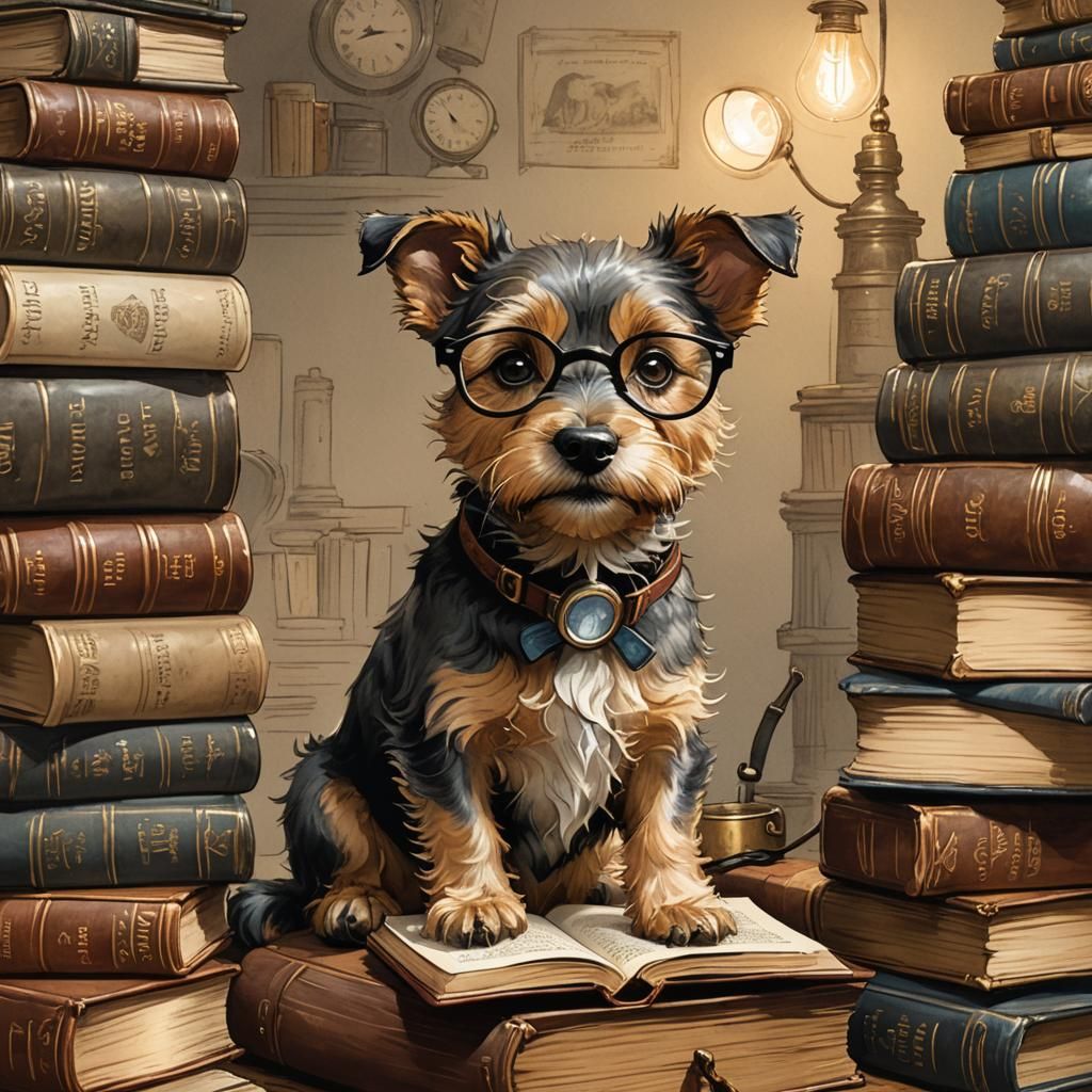Dog Teacher Surrounded by Books, Illustration