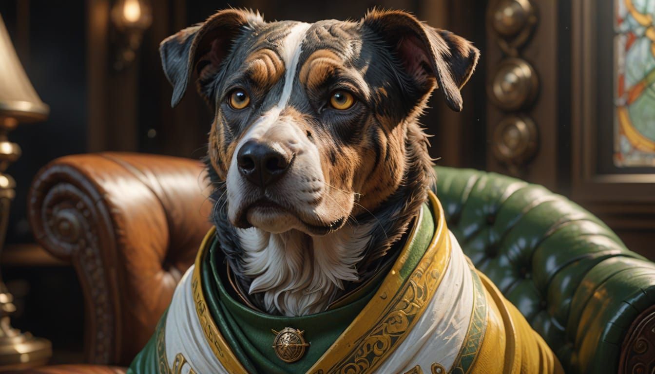 Hyper Realistic Brindle Hound Dog Portrait in Vibrant Yellow...