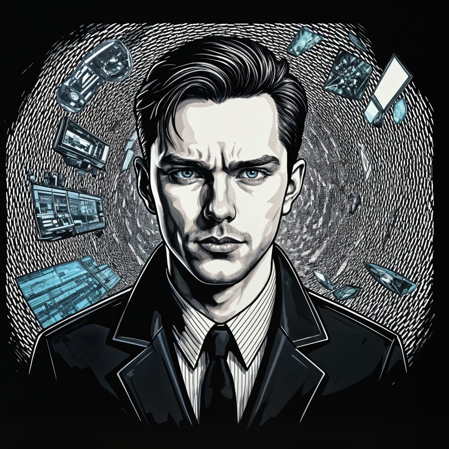 Portrait of a Man in a Surreal Cityscape