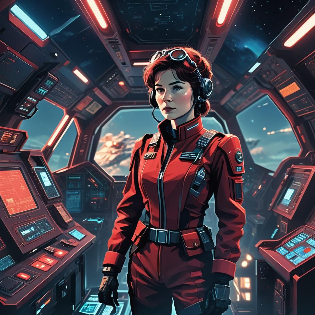 Crimson Soldier in Spaceship Cockpit: Tech-Noir Sci-Fi