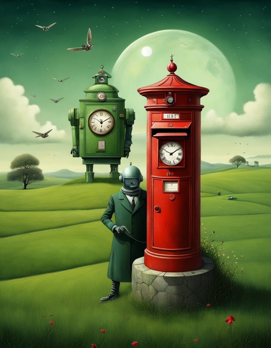 Surreal Futuristic Scene with Robot Posting Letter in a Cloc...