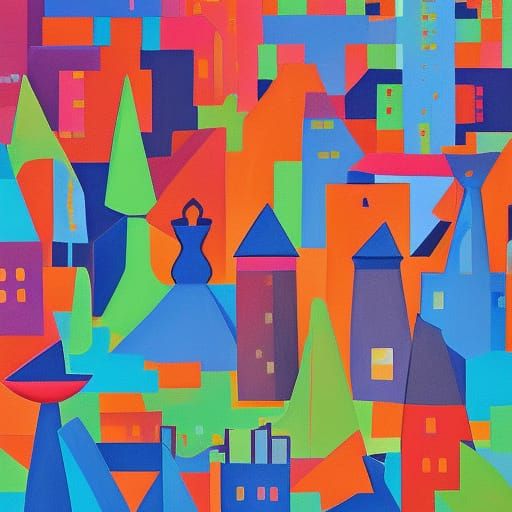 Detailed Gouache Painting of a Puzzle City