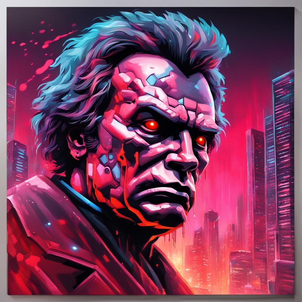 Beethoven Terminator in Synthwave City Graffiti Art
