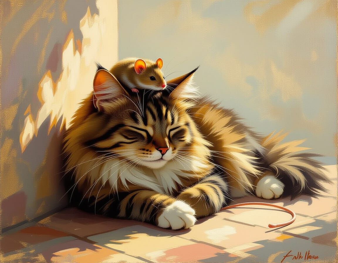 Cat and Mouse Harmony on Sunlit Terrace