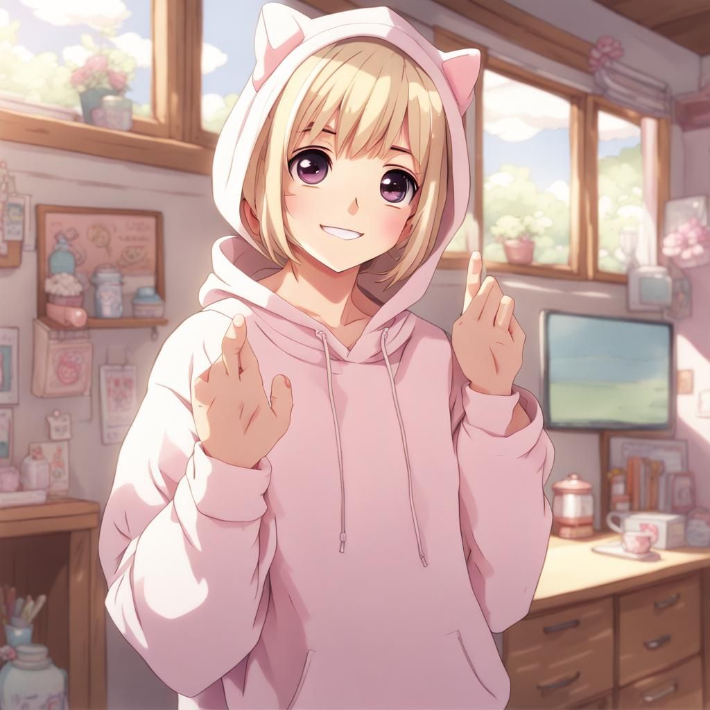 Girl in Kawaii Hoodie Smiling in Anime Style