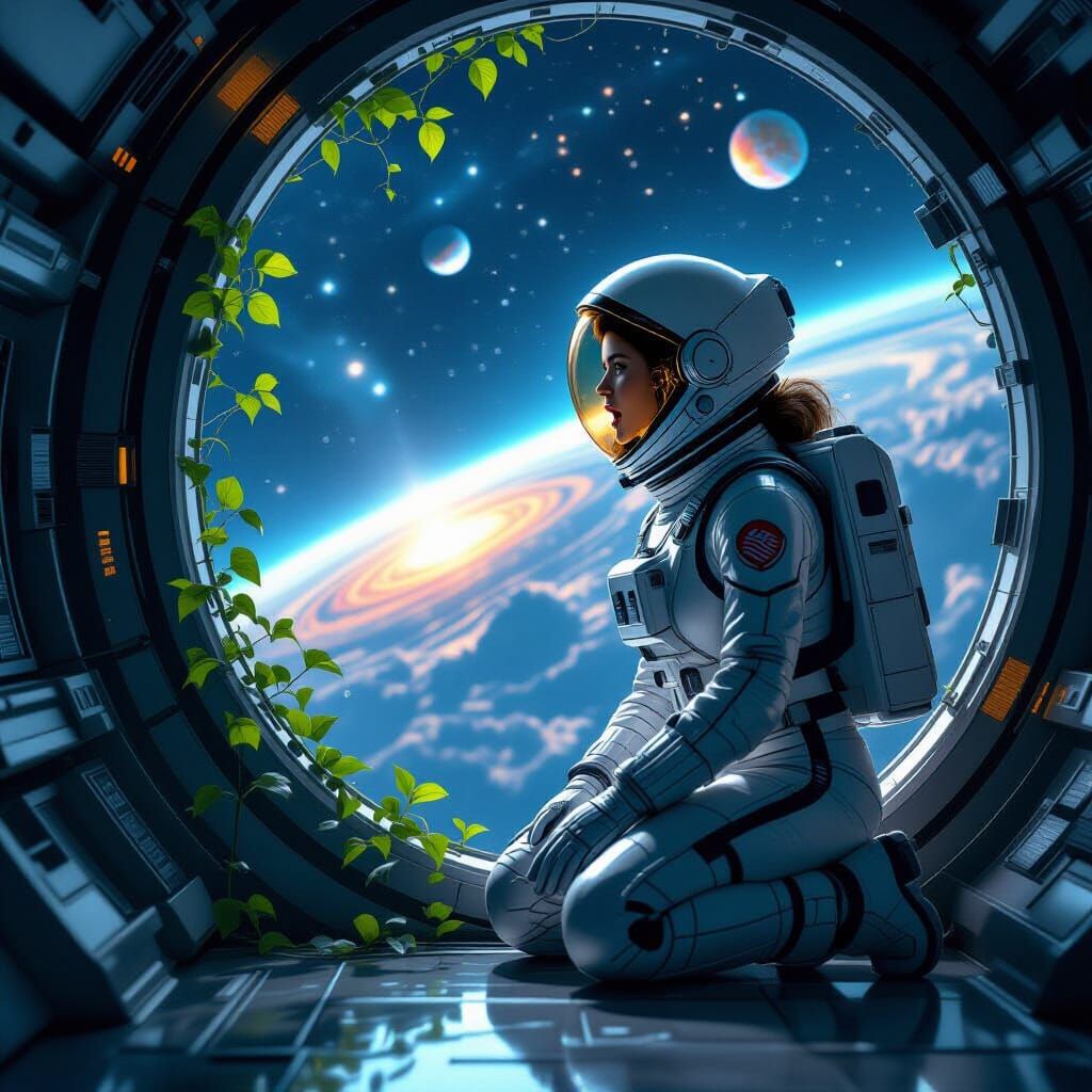 Astronaut's Discovery: Blooming Vine in Space, Futuristic Ar...