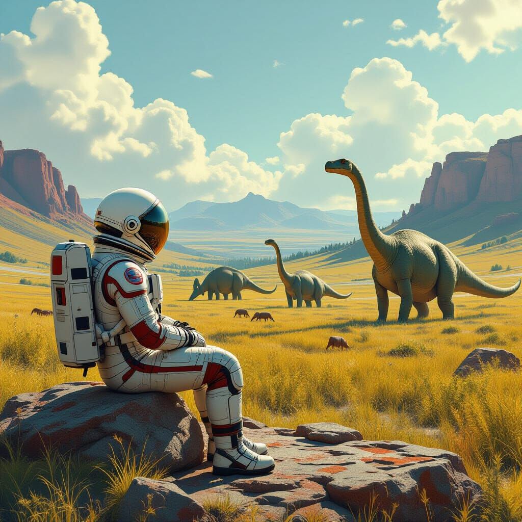 Astronaut Watches Diplodocus in Prehistoric Landscape