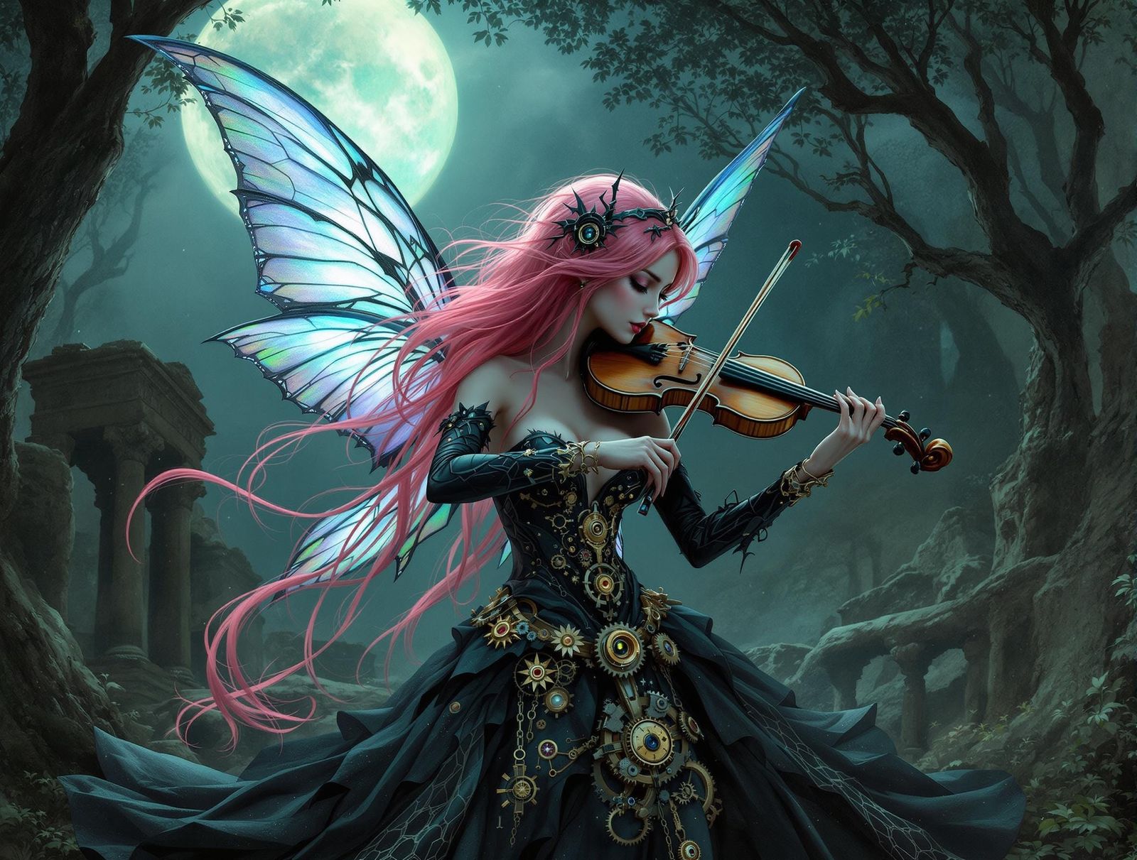 Gothic Fairy Playing Clockwork Violin in Moonlit Forest