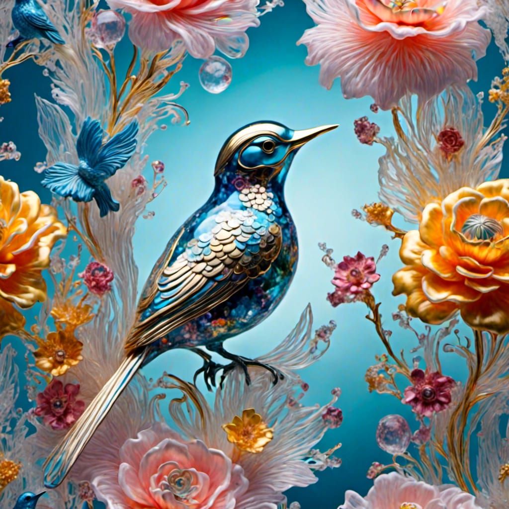 Glass Origami Bird and Flowers in Surreal Style