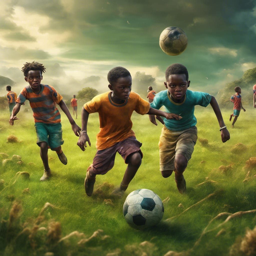 African Boys Play Football: Hyperrealistic Art