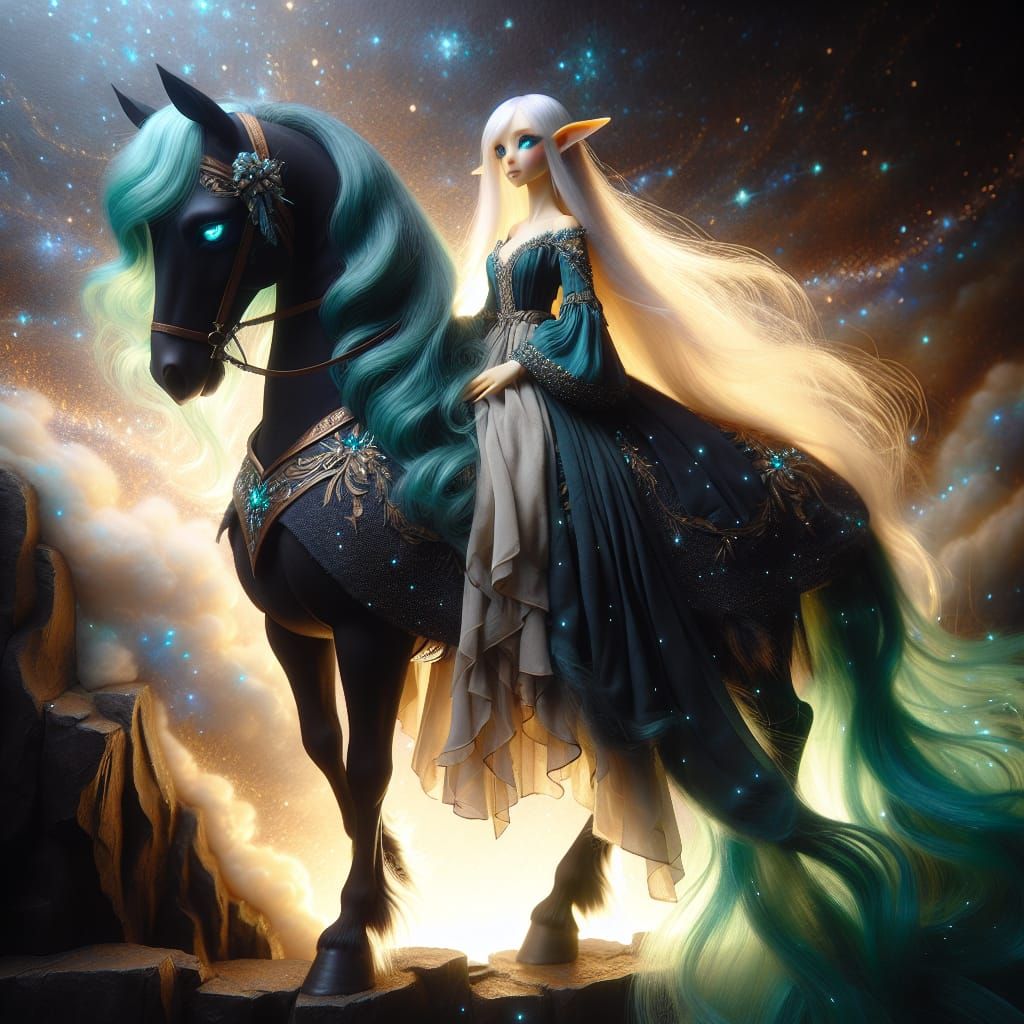 Elf and Horse Gaze into Magical Night