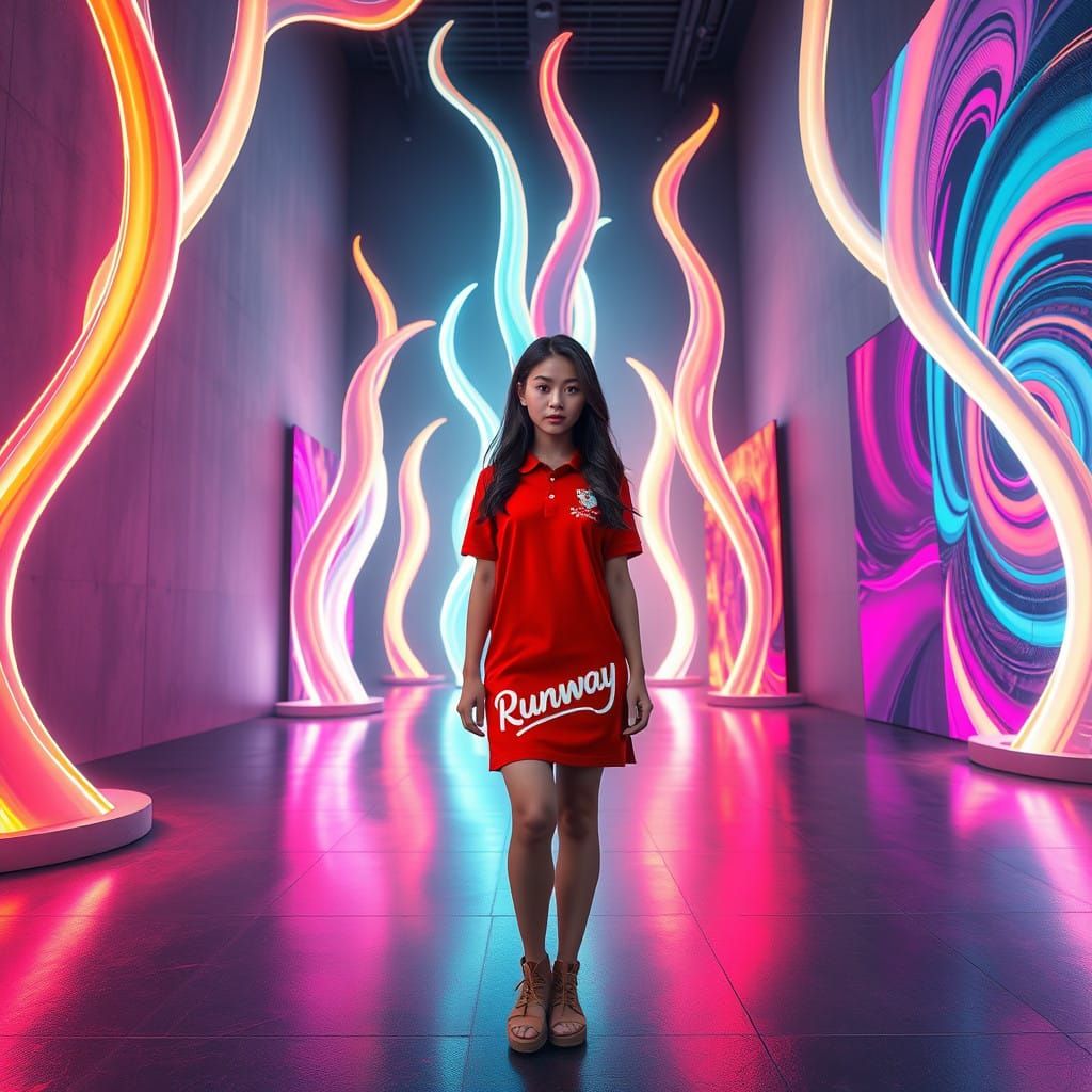 Futuristic Runway Model in Vibrant Art Space