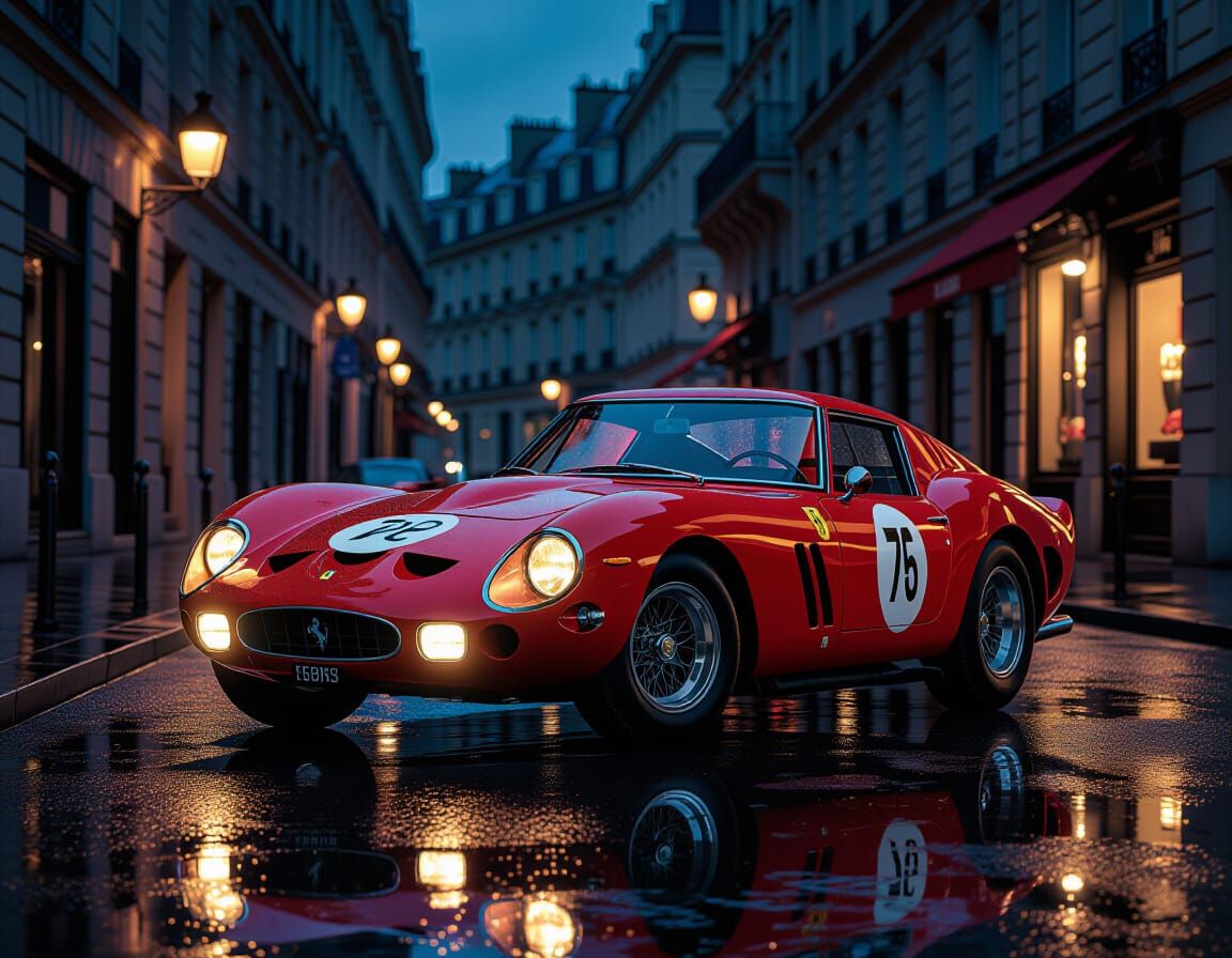 Ferrari 250 GTO on Wet Parisian Street at Dusk
