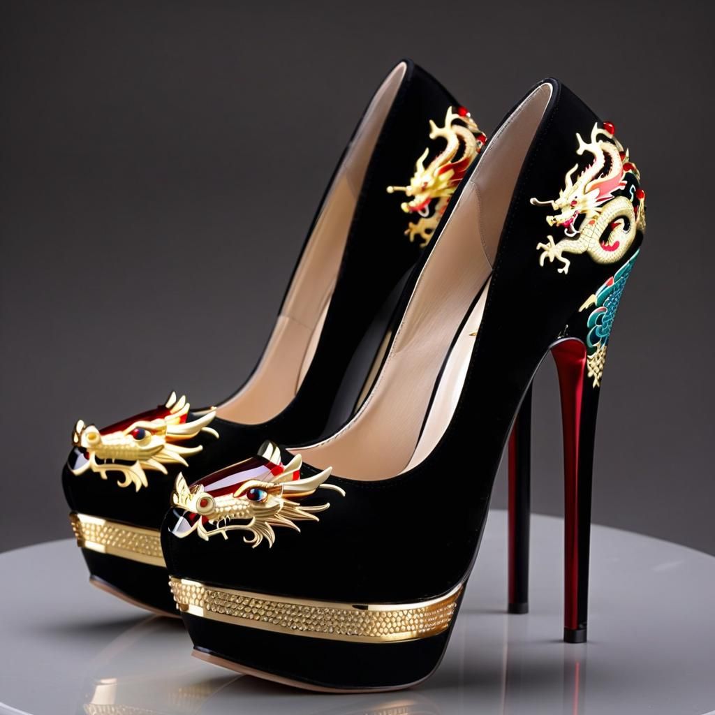 Ornate Chinese Dragon Jeweled Platform High Heels