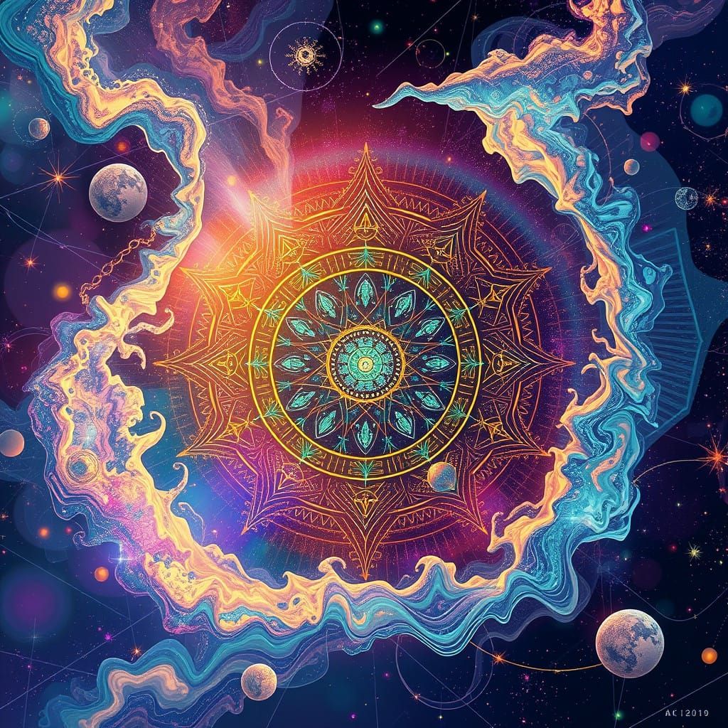 Ethereal Steampunk Cosmic Dreamscape in Vibrant Neon