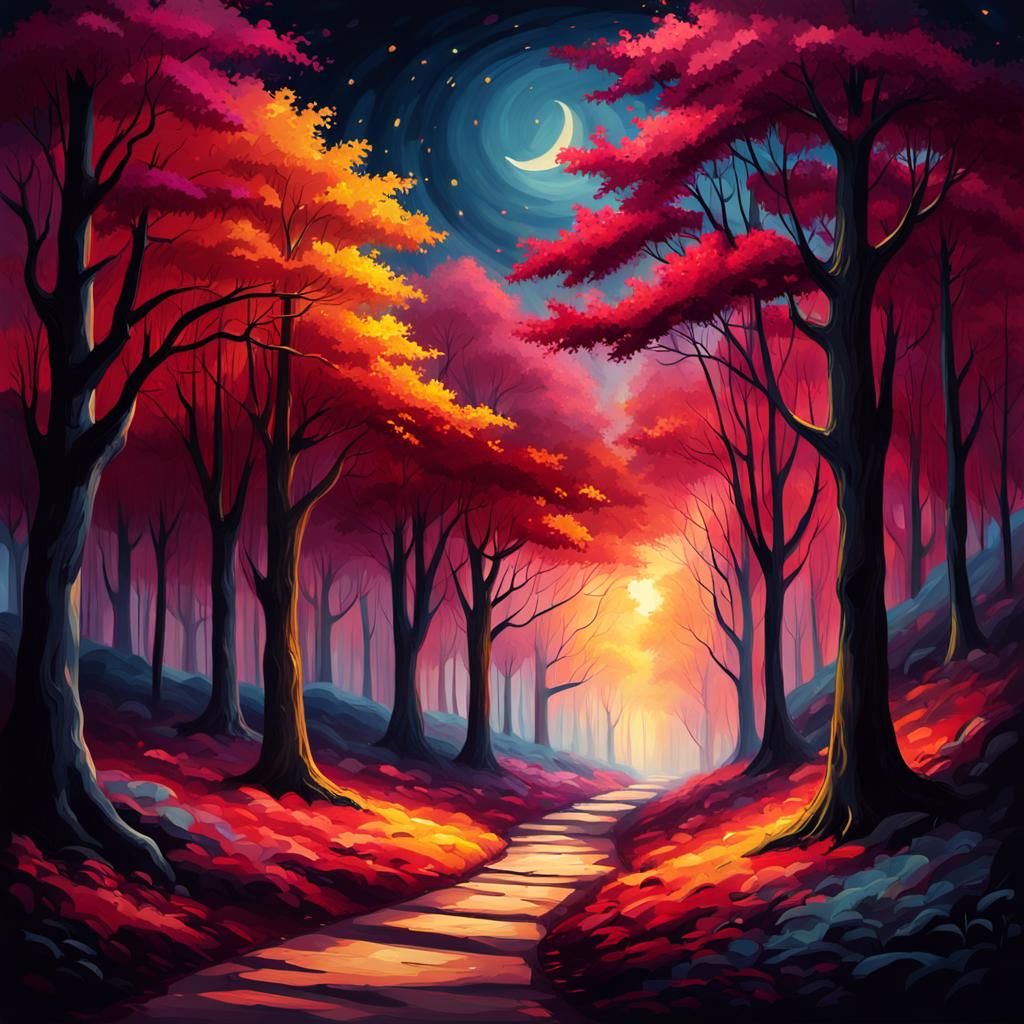 Mystical Forest Path Under Crimson Trees