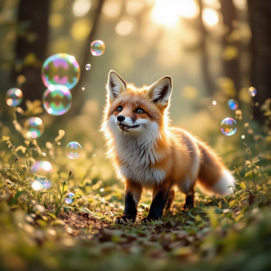 Cute Fox Chasing Bubbles in Sun-Dappled Forest