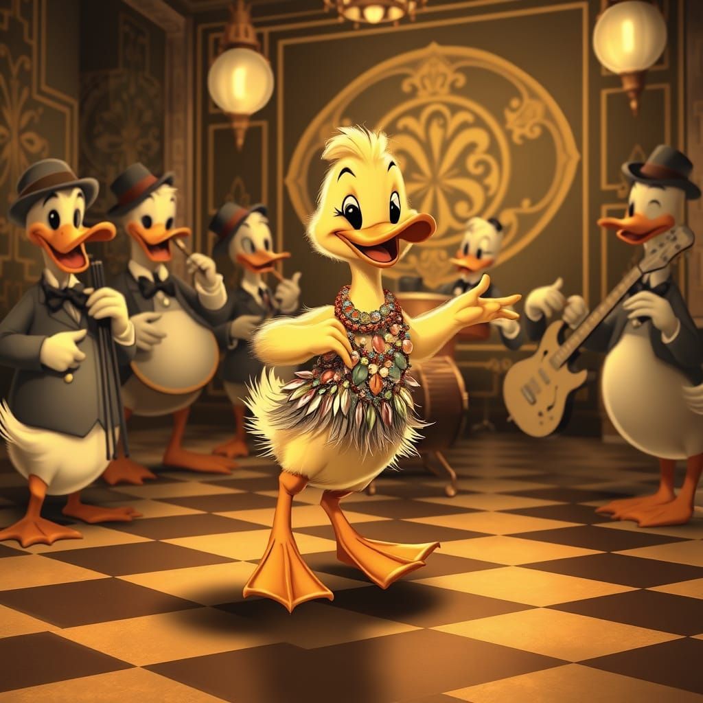 Duckling Tap Dances with Jazz Band in Sepia Cartoon