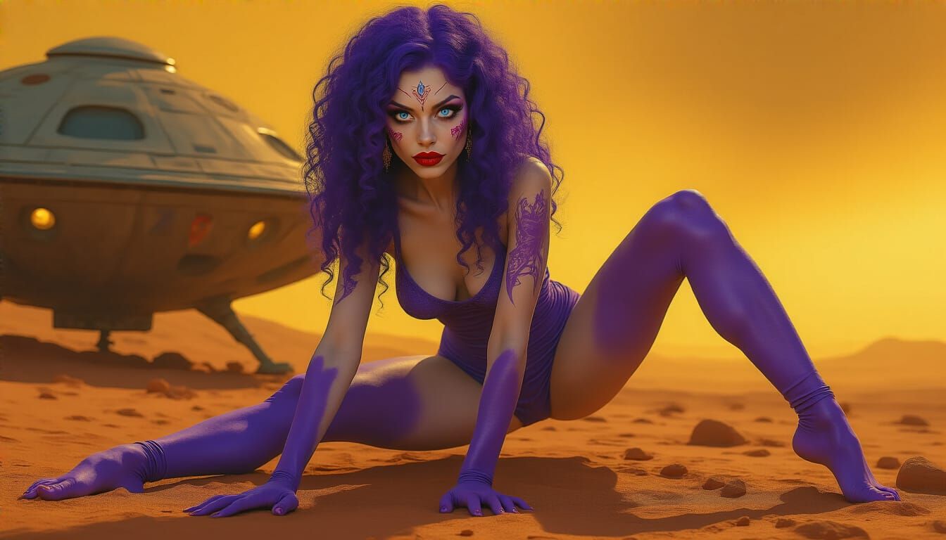 Woman with Purple Hair Poses on Mars in Oil Painting Style