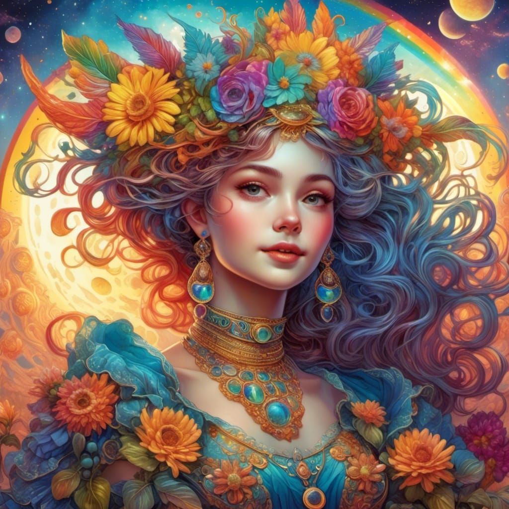 Rainbow Party Girl in Art Nouveau Style