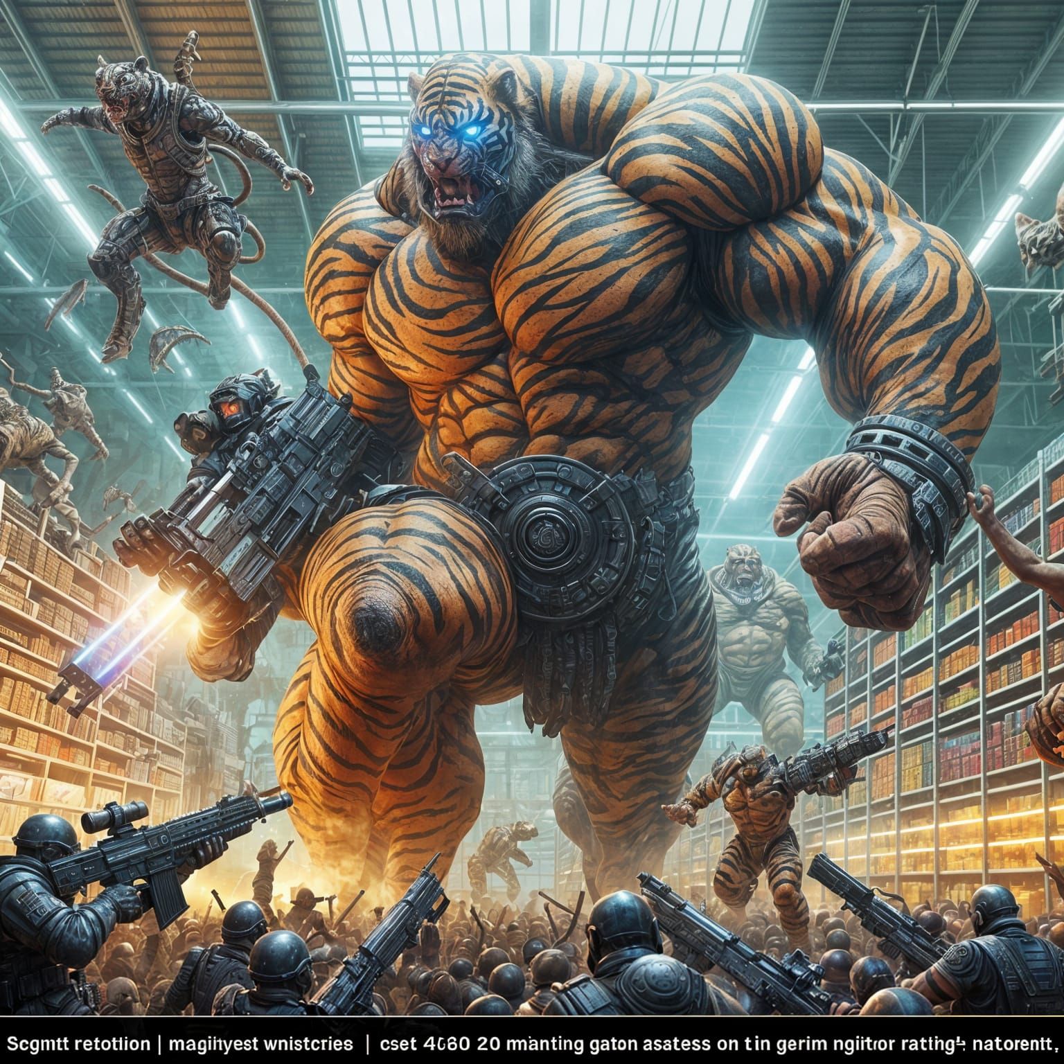 Tiger-Man Battles Army in Supermarket, Fantasy Concept Art