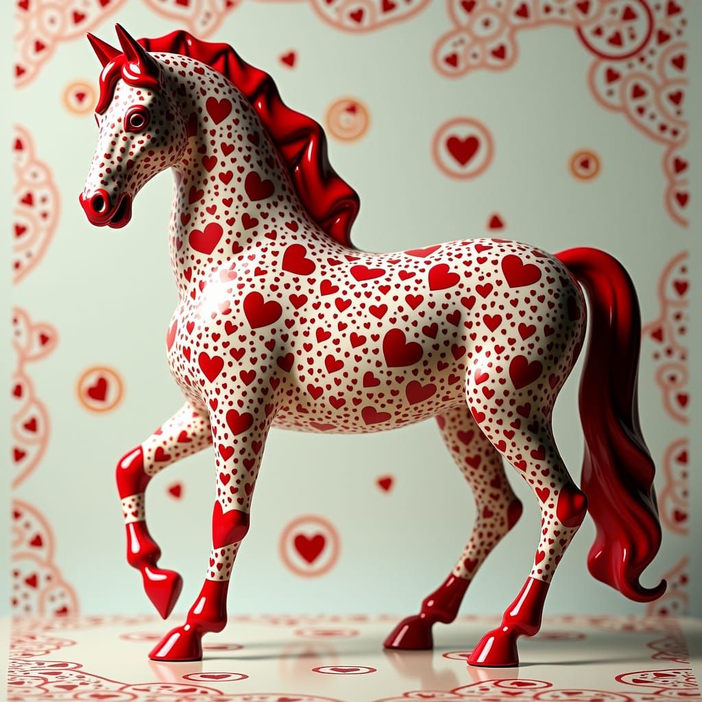 Ethereal Porcelain Horse Amidst Red Hearts and Whispers of A...