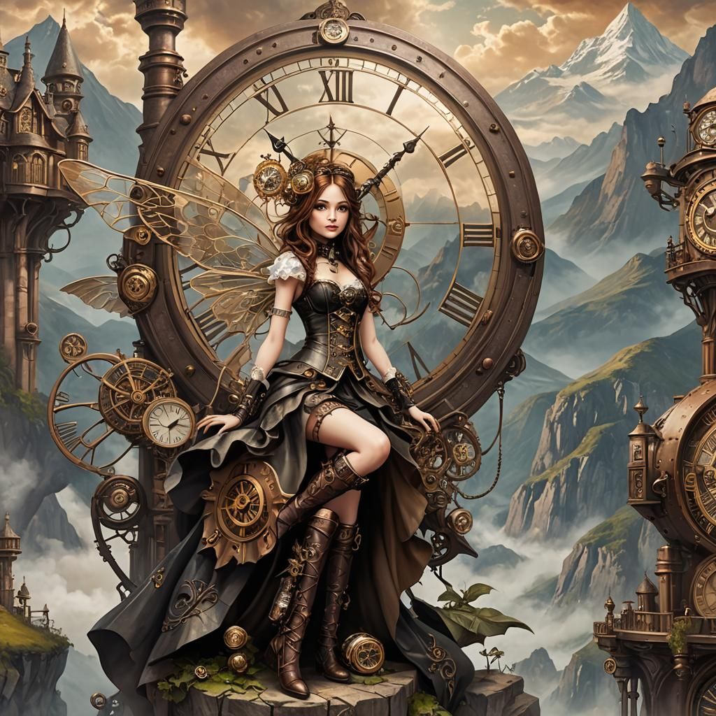 Steampunk Fairy with Giant Clock in Mountains
