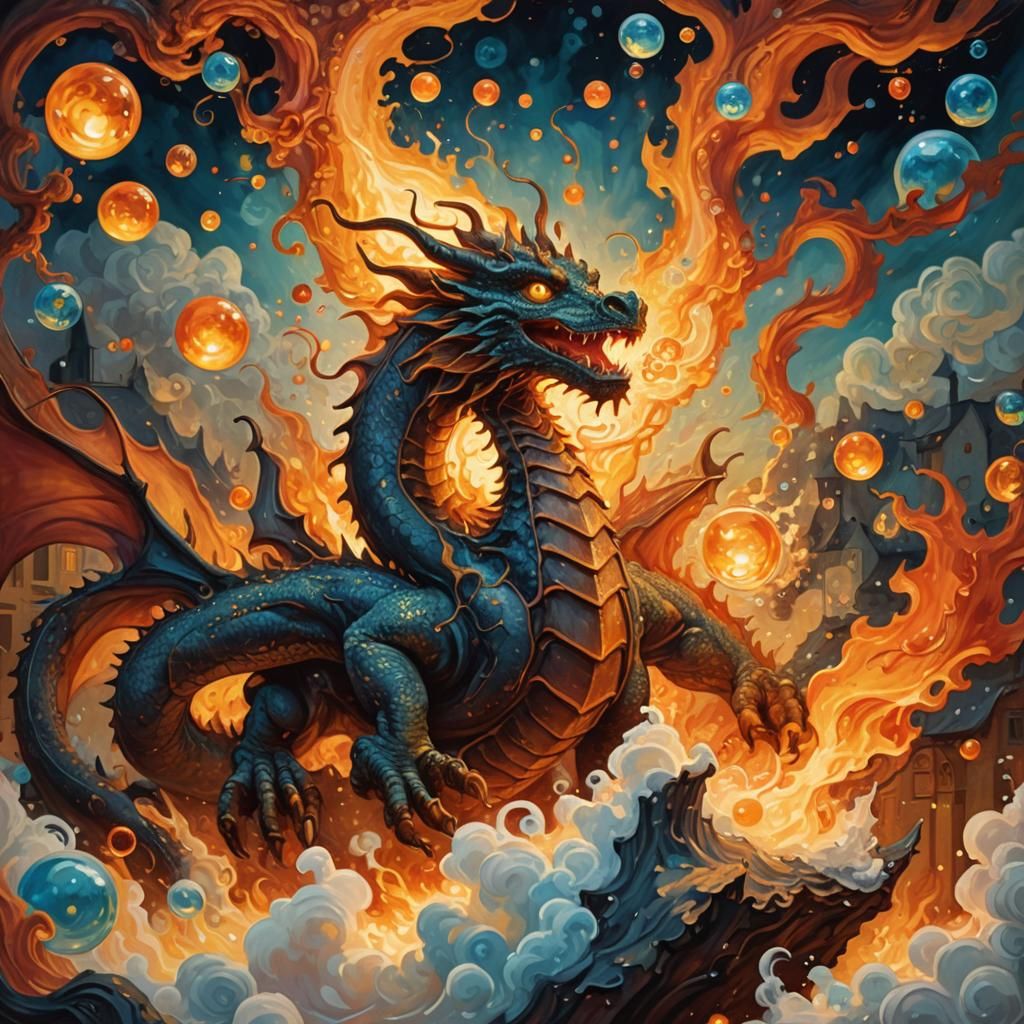 a dragon and surroundings made of small bubbles of fire van ...