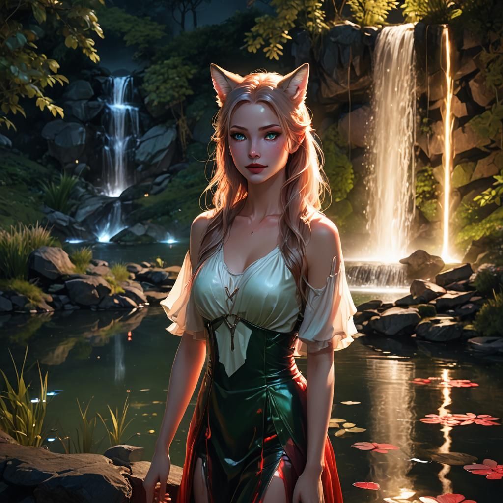 Cute Fox Girl with Glowing Eyes in Fantasy Setting