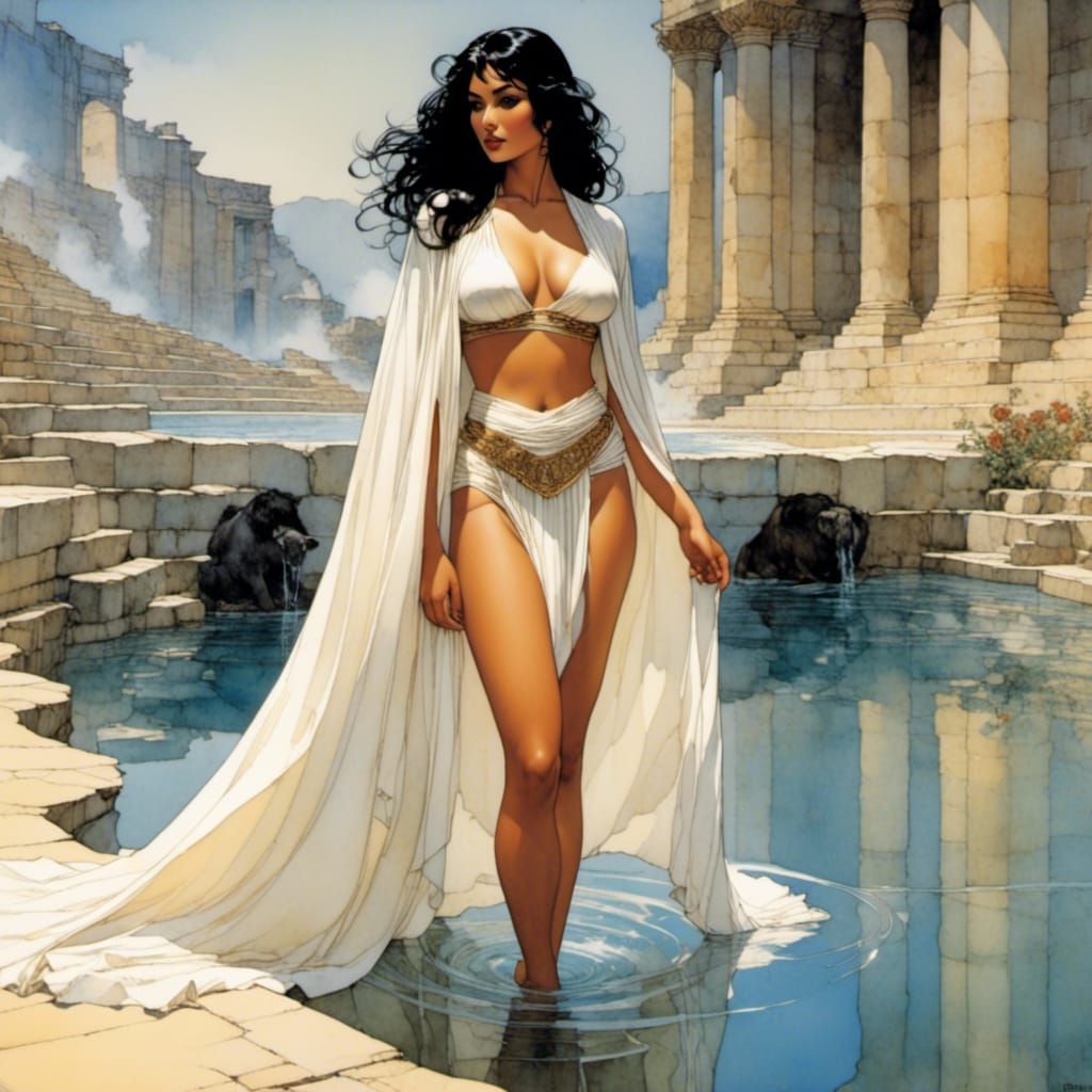 Stunning Woman Steps into Pool: Watercolor Comic