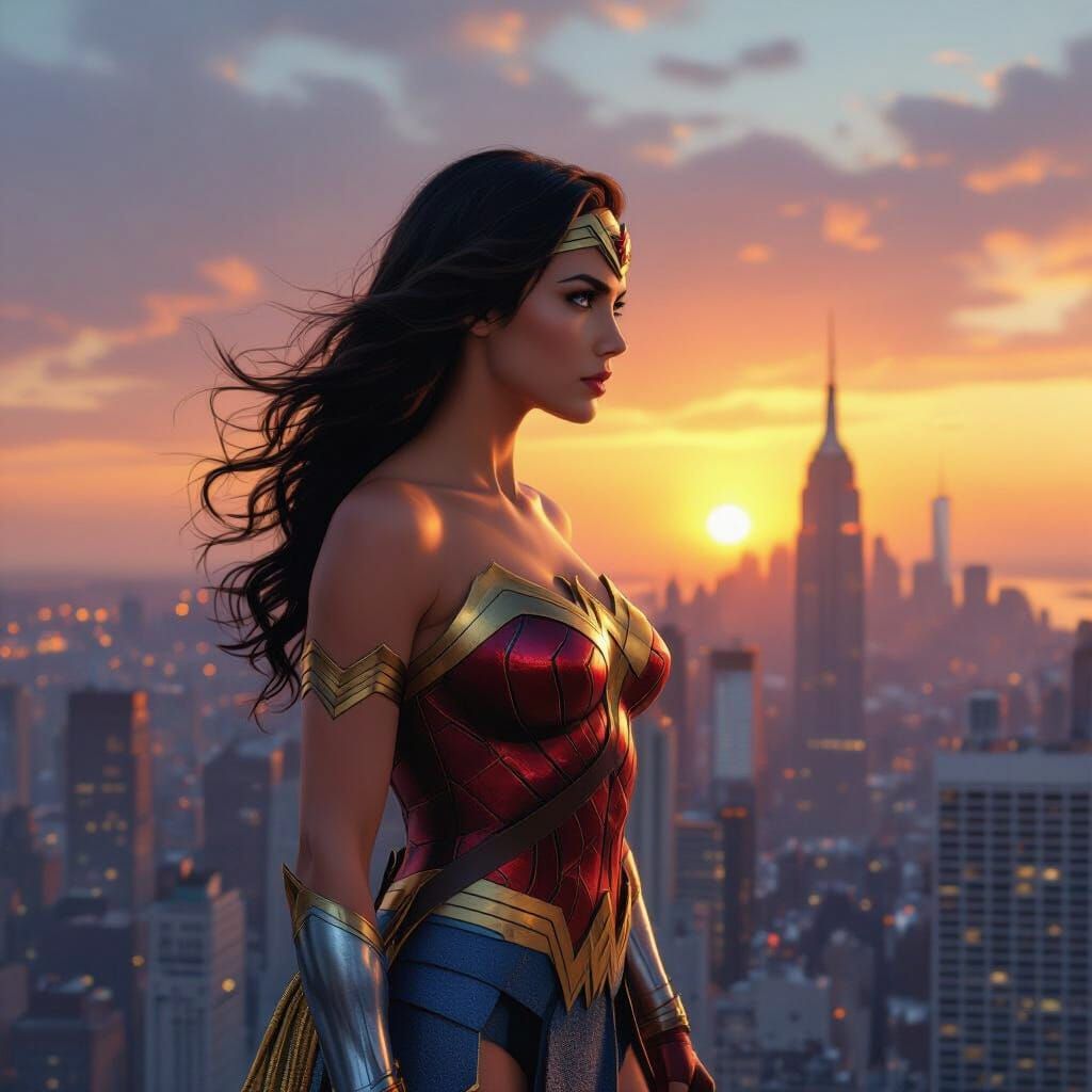 Wonder Woman Gazing at New York City Sunrise