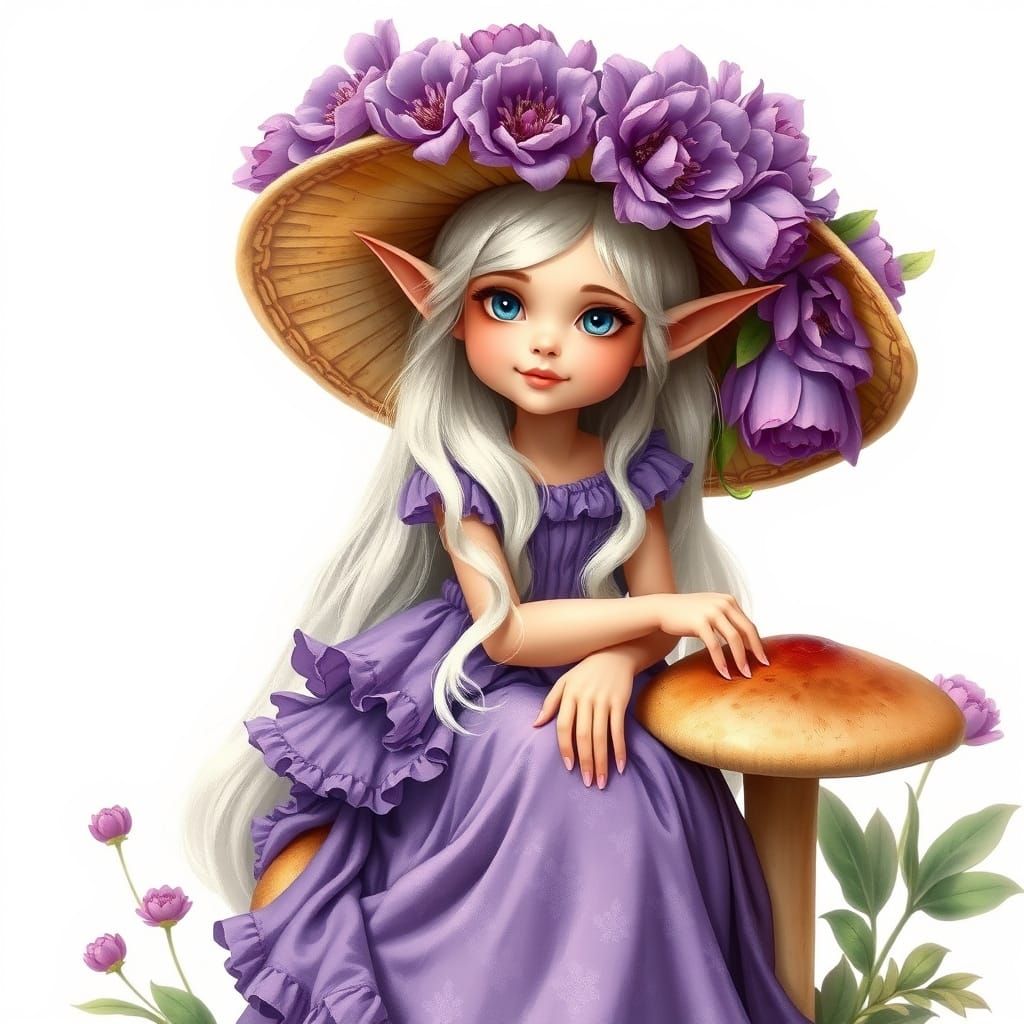 centered with a wide out view, pretty elf with long white hair and an oversized sunhat adorned with purple peonies, wear...